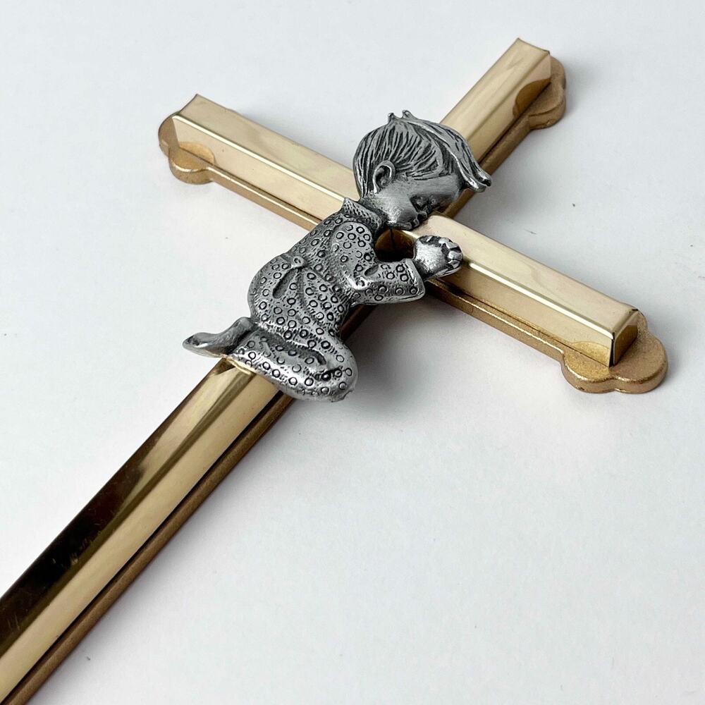Metal Brass & Pewter Cross By CAMCO Praying Boy Child 6.25" Tall Religious Gift